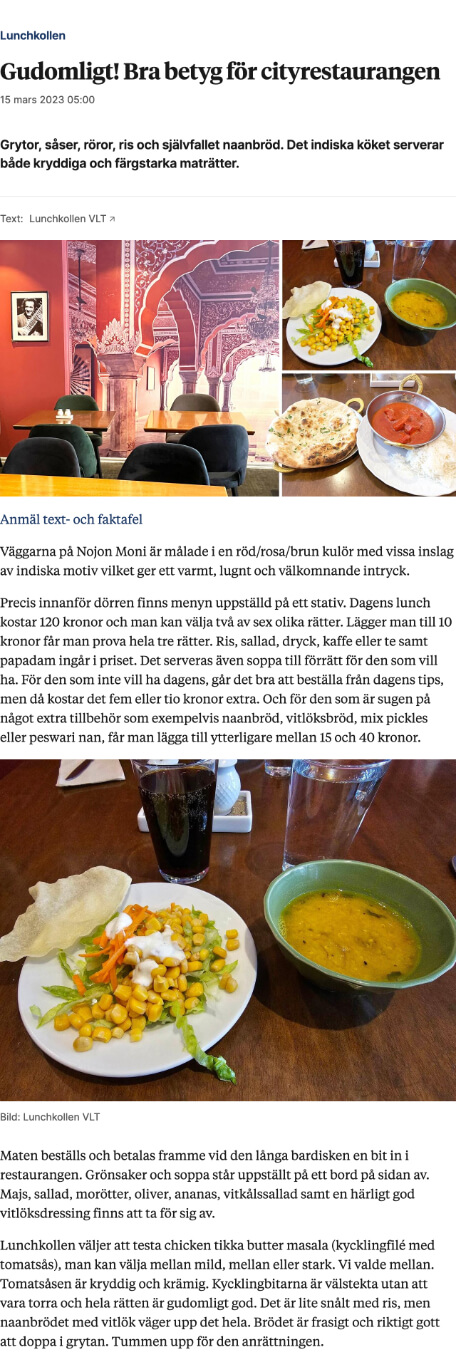 VLT Lunchkollen testar indisk restaurang i Västerås Nojon Moni