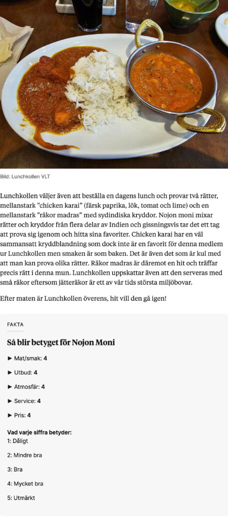 Betyget när VLT Lunchkollen testar indisk restaurang i Västerås Nojon Moni